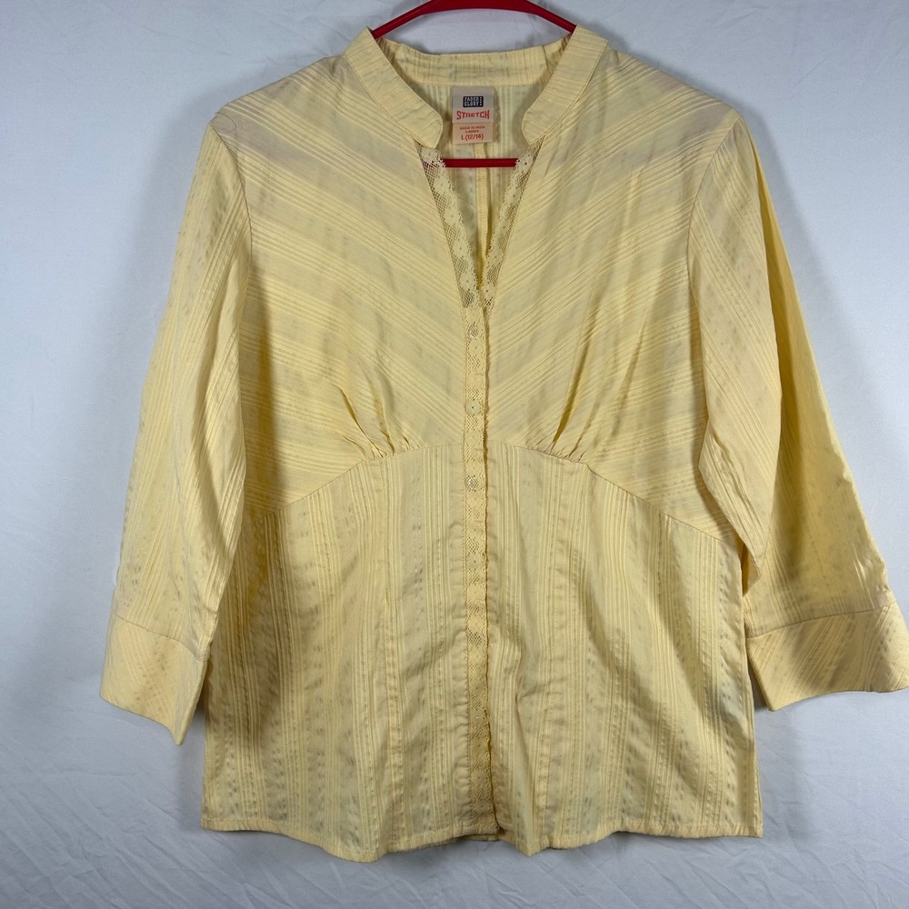 Faded Glory Blouse Womensβ L 12/14 Yellow Y2K Lace Trim Stretch Top